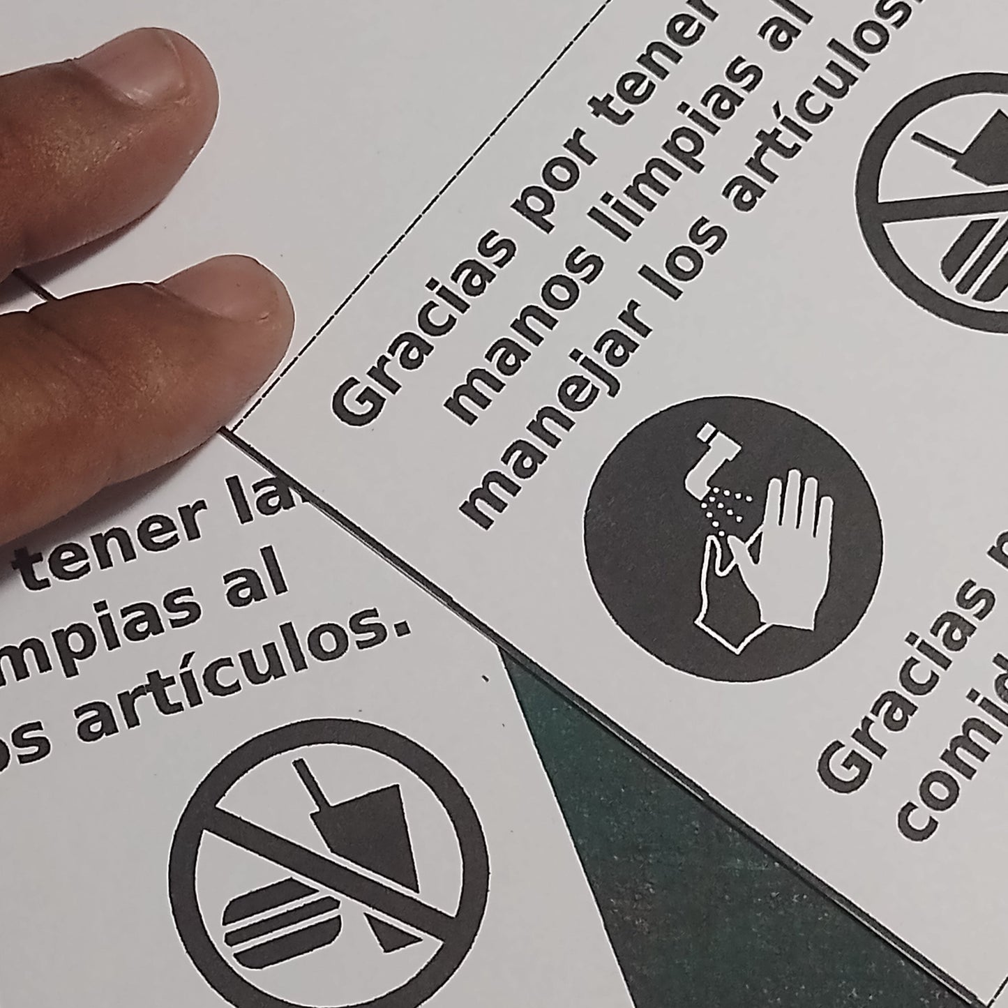 Rotulo "A" para mesa artesanal - 'manos limpias' y 'no comida/bebida en mesa'